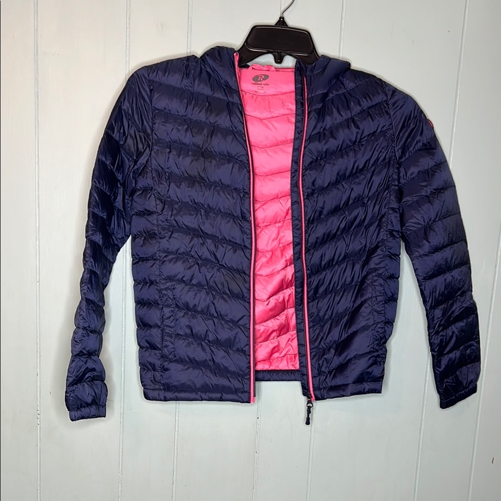 Blue and Pink Quilted Puffer Jacket with Stand-Up Collar